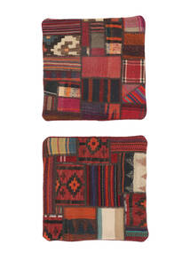  Patchwork Almofadas - Iran Tapete 50X50 Oriental Feito A Mão Quadrado Preto/Castanho Escuro (Lã, Pérsia/Irão)